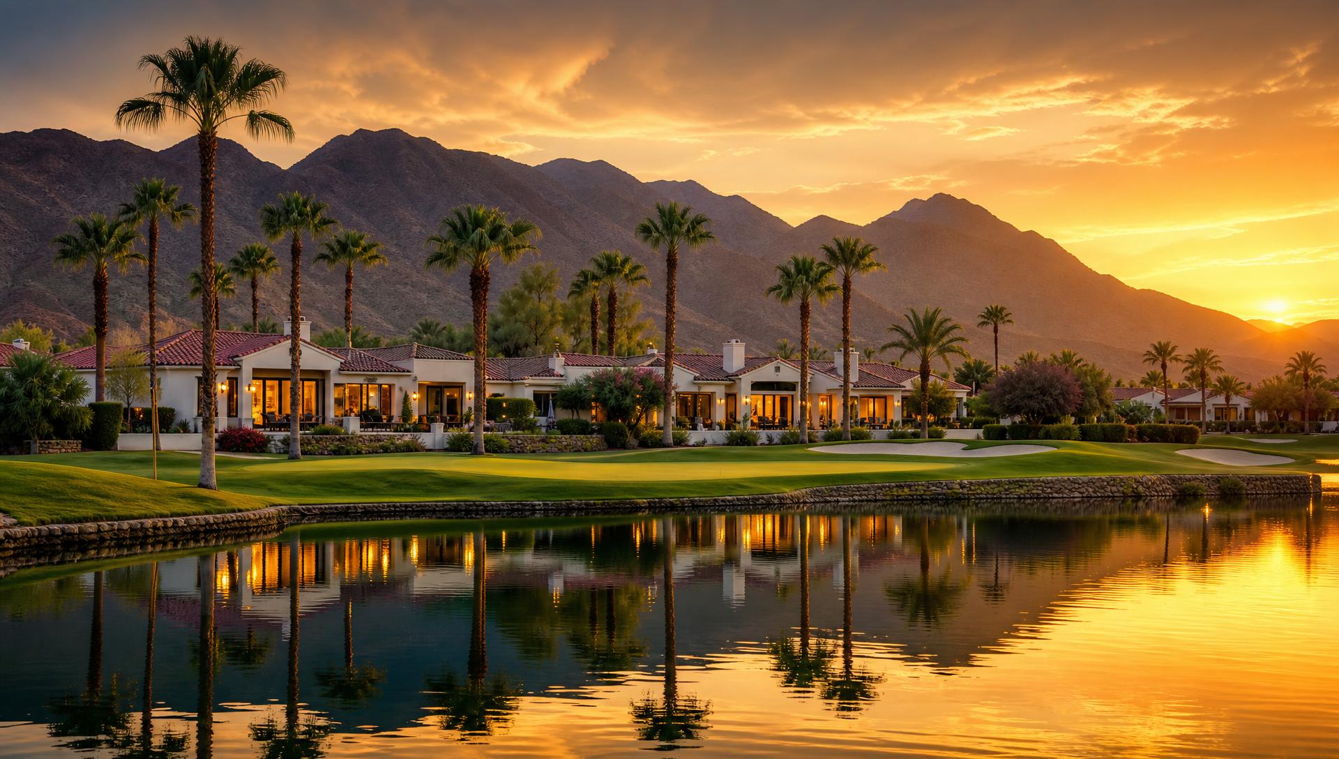 Arizona Lakes Resort — luxury villas, palm-lined lake, golf course and desert mountains at sunset