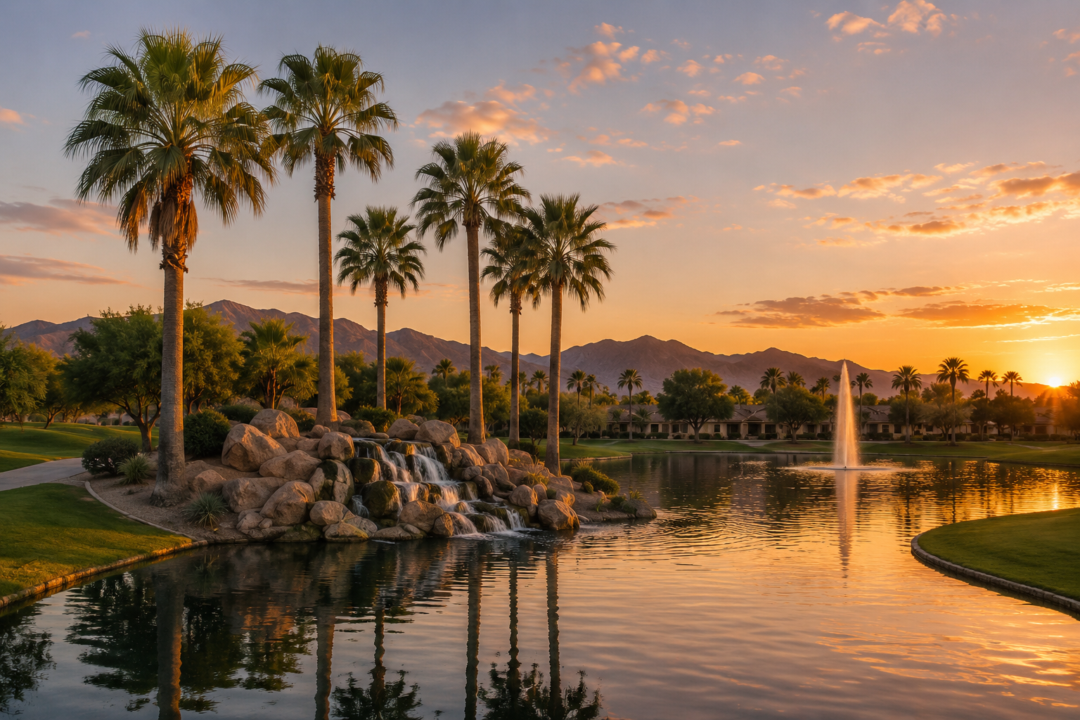 Resort lake at sunset with palm trees, waterfall, fountain, golf course fairways and desert mountains
